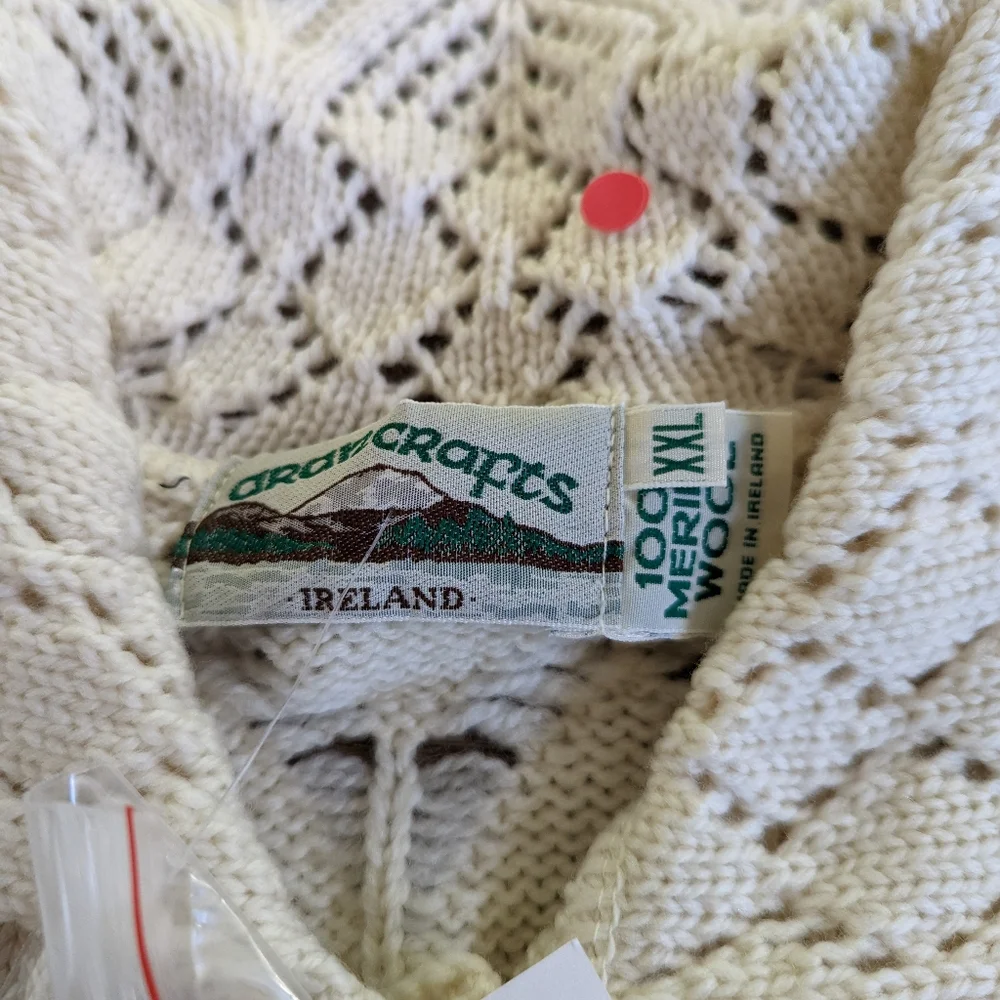 NWT Aran Crafts Ireland 100% Merino Wool Oatmeal Pointelle Knit Sweater Size XXL